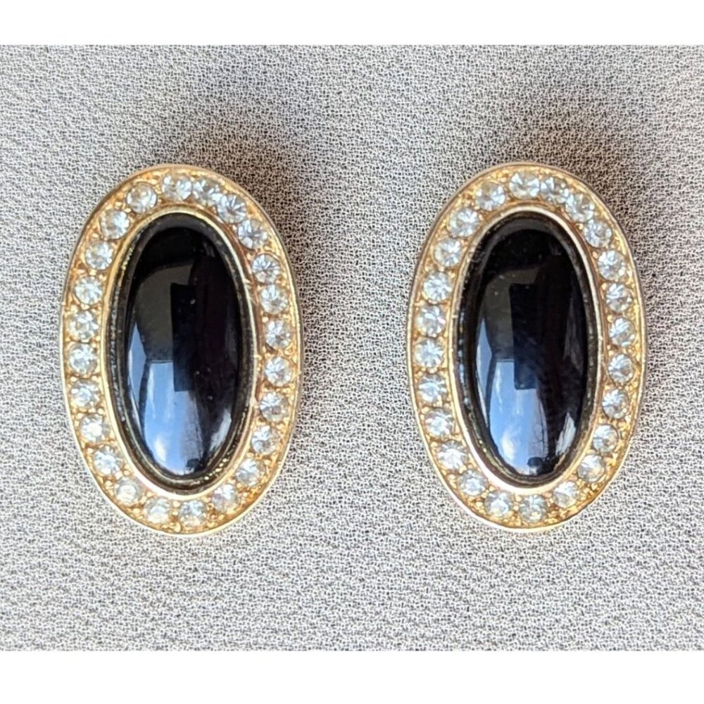 Vintage VENDOME Gold Tone Clip On Earrings Black Cabochon Clear Rhinestones